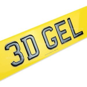 3D gel rear number plate with domed characters on yellow backing, produced by Official Plates Ltd.