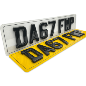 4D 6mm gel number plates with black border showing gloss black raised characters on yellow and white backgrounds.