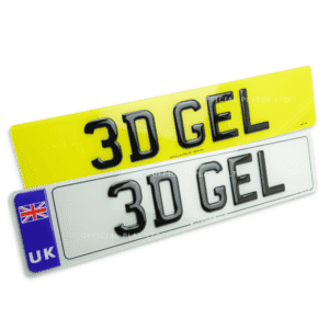 3D gel number plates with UK badge, showing front and rear styles with raised gel characters, by Official Plates Ltd.