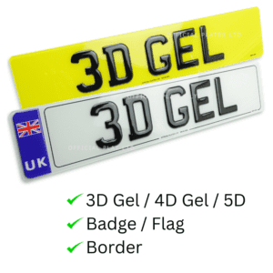 '3D Gel' written on white front and yellow Rear number plates with UK and Union Jack on gel badge for travel in UU and Europe. Official Plates