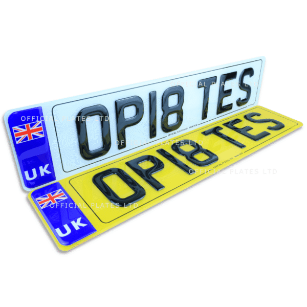 3D gel number plates with UK identifier and Union Jack flag badge.