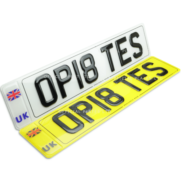 3D gel number plates with transparent UK identifier and Union Jack flag badge.