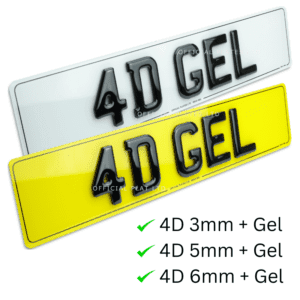 '4D Gel' written on white and yellow Number Plates Front and Rear with black border and the edge. Official Plates