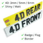 '4D REAR' and '4D FRONT' written on yellow and white Number Plates, with UK identifier for travel in Europe. Official Plates