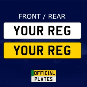 White front and yellow rear number plates displaying a custom registration example.