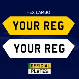 Hex-style custom number plates in white and yellow, designed for Lamborghini and supercars.