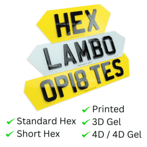 'Hex', Lambo' Number Plates written in 3d gel and 4d style lettering on diamond shaped edge number plate.
