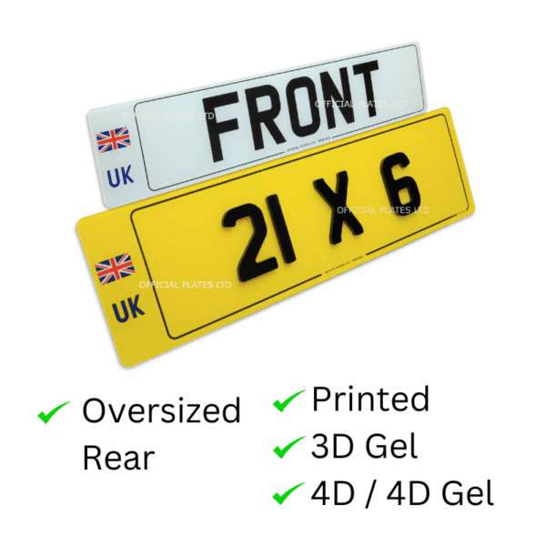 '21x6' written in 4D laser cut acrylic on oversized rear number plate for Range Rover. Official Plates