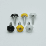Polytop screws with integrated coloured plastic tops to match number plate backgrounds or characters.