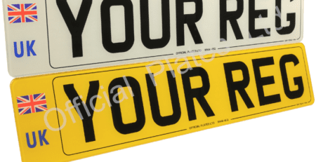Printed number plates with black border, UK and Union Jack flag badge, valid for driving in the UK and Europe.