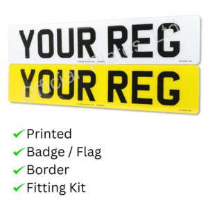Standard UK front and rear number plates with no flag or badge, showing plain legal layout.