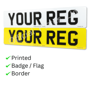 Standard UK front and rear number plates with no flag or badge, showing plain legal layout.