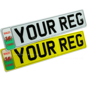 'Wales' 'CYMRU' Badge printed on white and yellow Number Plates with black border around the edge. Official Plates.