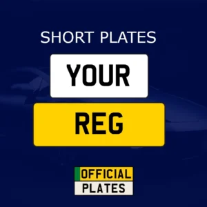 Short number plates with white front and yellow rear registration examples.