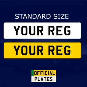 Standard size number plates with white front and yellow rear registration designs.