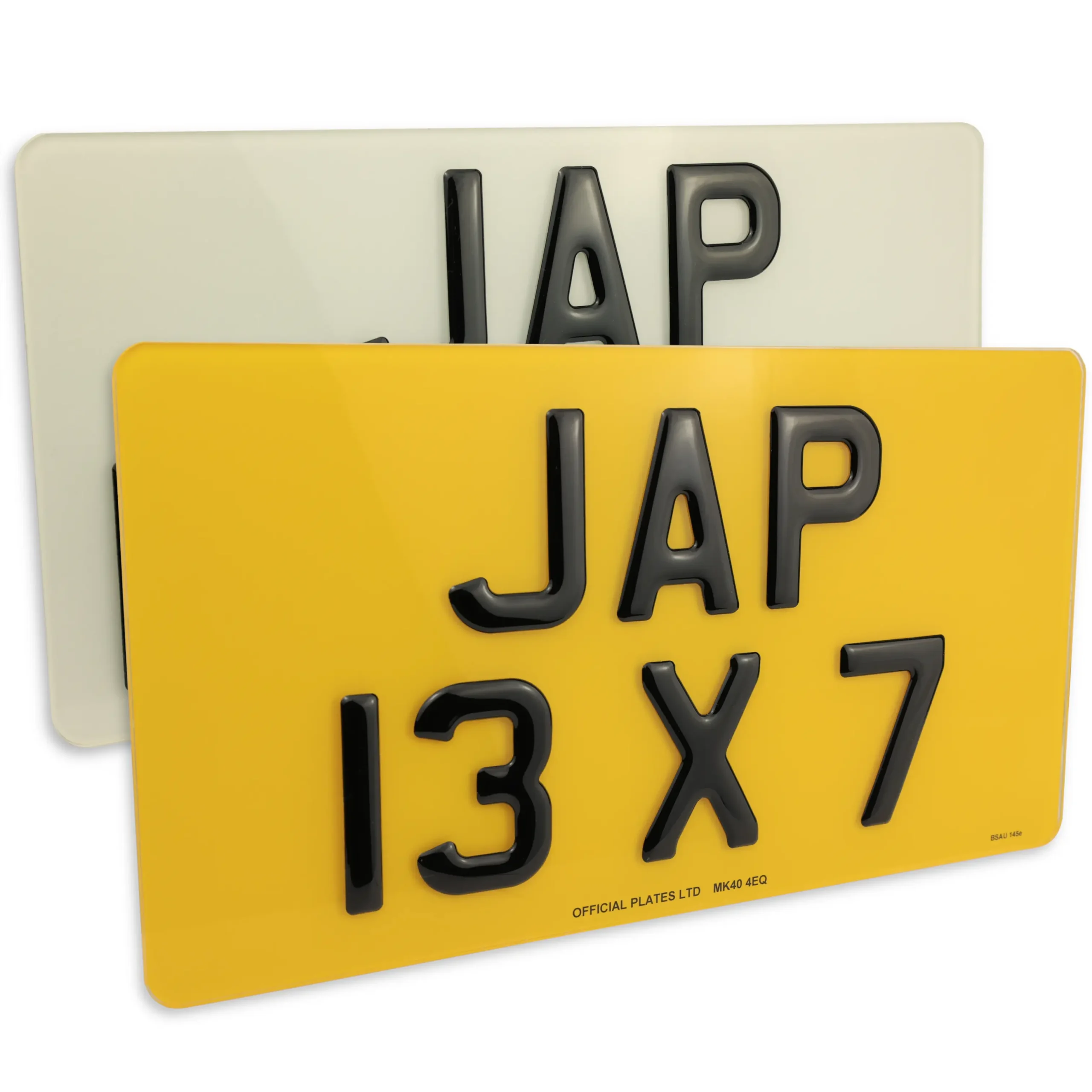 13x7 JDM import size number plates in yellow rear and white front, made by Official Plates