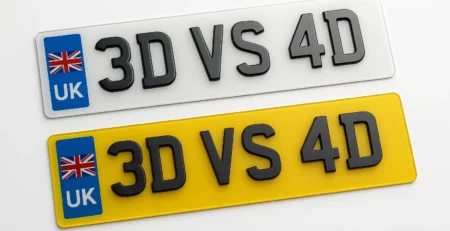 Comparison of 3D gel and 4D acrylic UK number plates showing raised black characters on white and yellow backgrounds with UK flag.