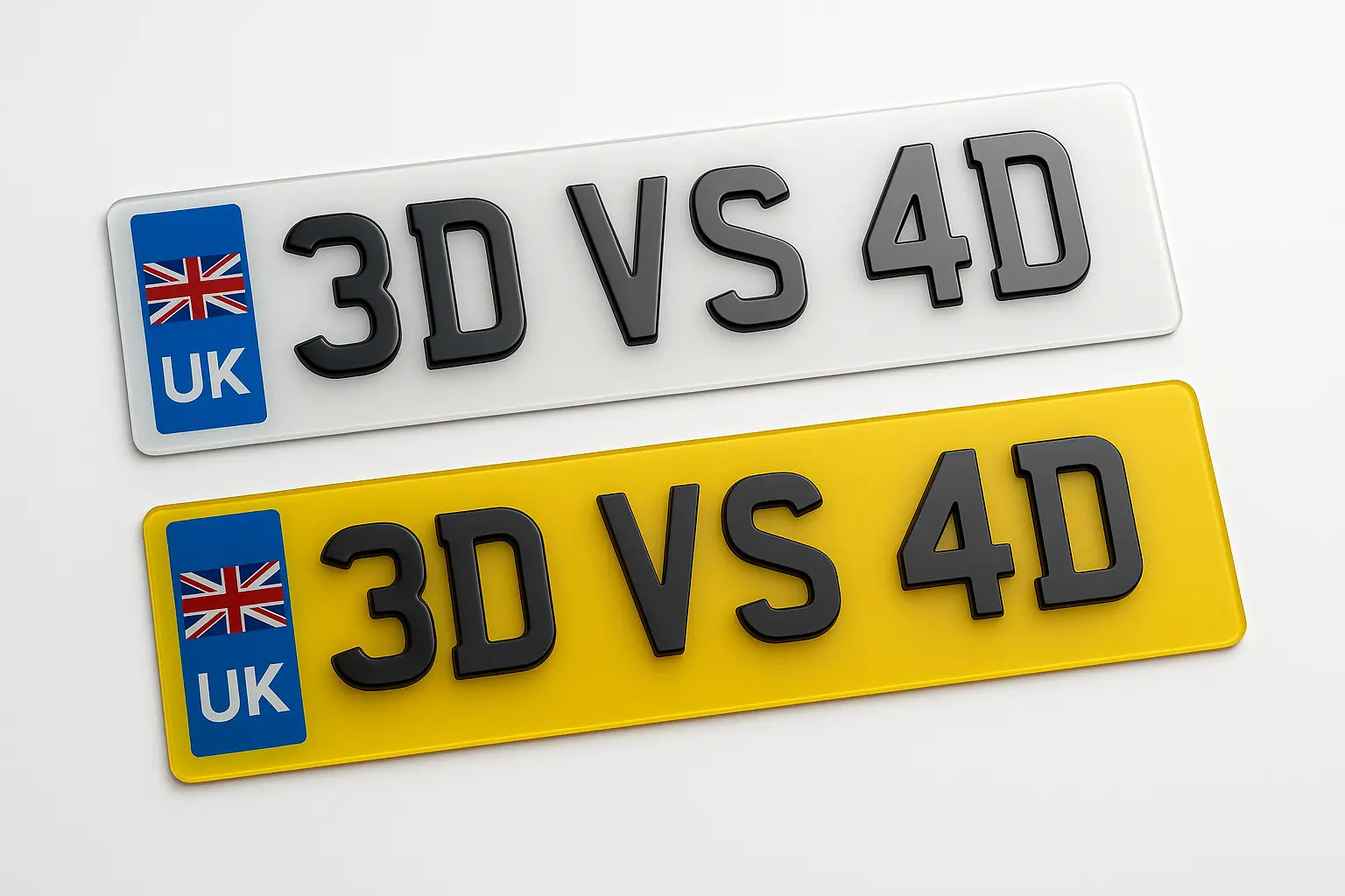Comparison of 3D gel and 4D acrylic UK number plates showing raised black characters on white and yellow backgrounds with UK flag.