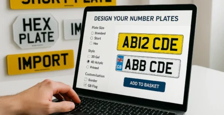 Customer designing custom UK number plates online using a laptop, showing style, size, and customisation options including 3D gel, 4D acrylic, and printed plates.