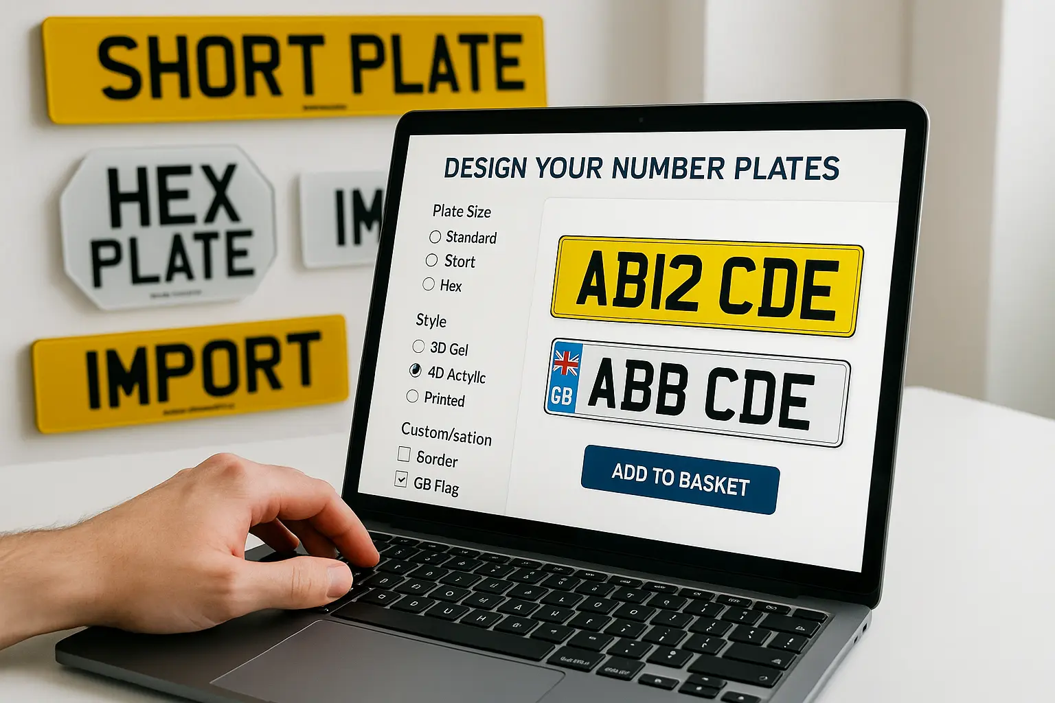 Customer designing custom UK number plates online using a laptop, showing style, size, and customisation options including 3D gel, 4D acrylic, and printed plates.
