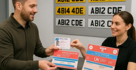 Person presenting required documentation UK driving licence and V5C logbook at number plate supplier counter with 3D gel, 4D, and printed number plates on display.