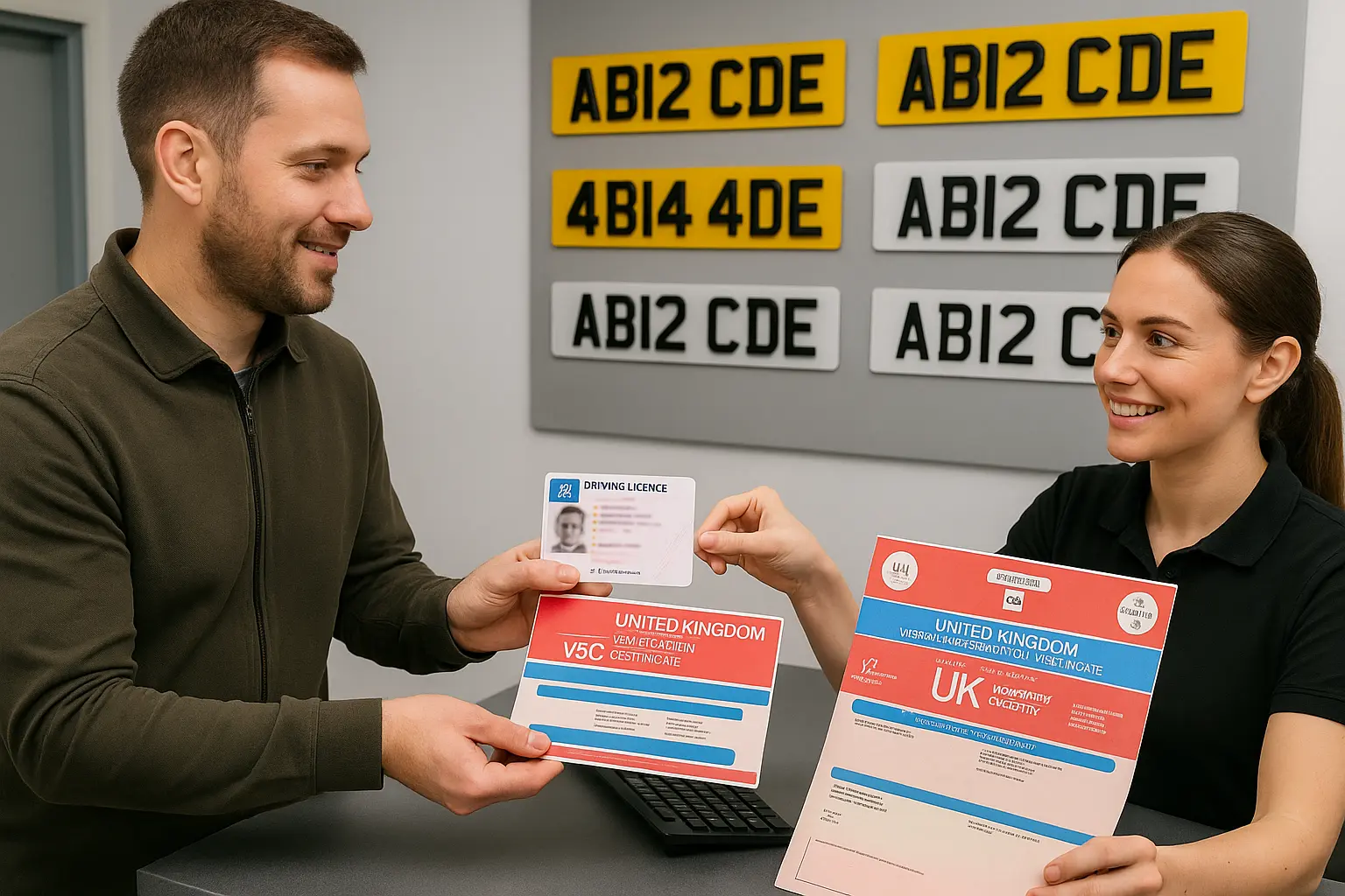 Person presenting required documentation UK driving licence and V5C logbook at number plate supplier counter with 3D gel, 4D, and printed number plates on display.