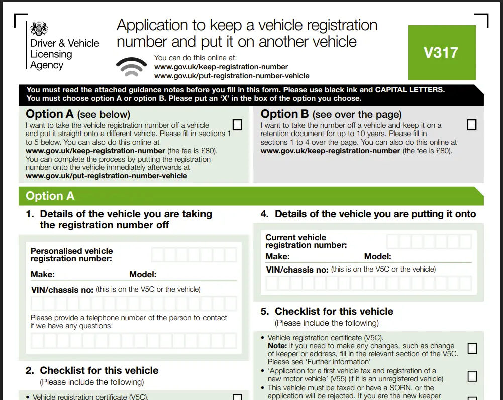 DVLA V317 form to apply for keeping or transfer a vehicle registration number in the UK