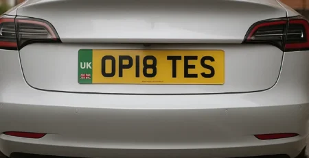 Rear view of an electric car with UK legal yellow number plate displaying OP18 TES and a green EV identifier
