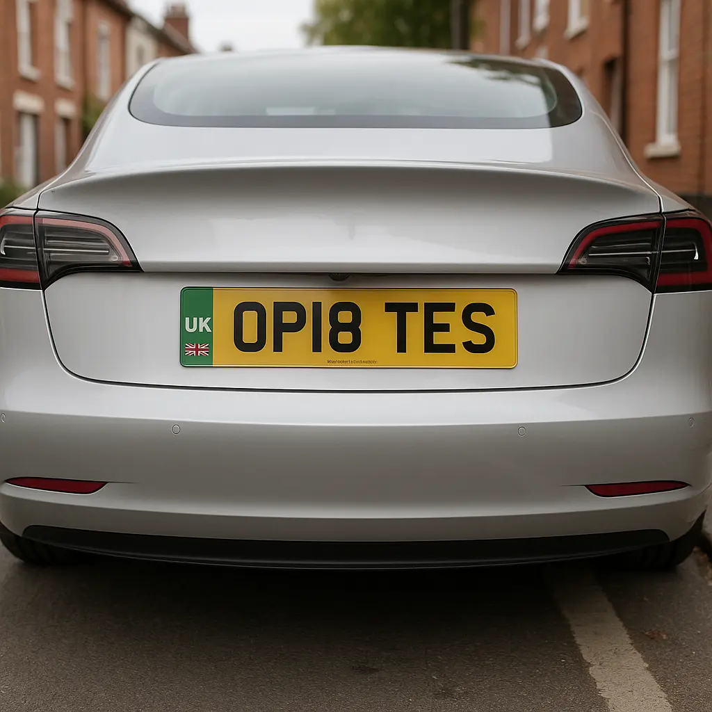 Rear view of an electric car with UK legal yellow number plate displaying OP18 TES and a green EV identifier