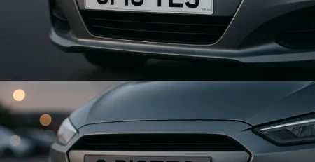 Comparison of legal and show front number plates on a car, highlighting spacing and format differences