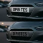 Comparison of legal and show front number plates on a car, highlighting spacing and format differences