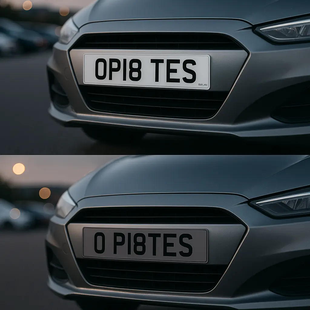 Comparison of legal and show front number plates on a car, highlighting spacing and format differences