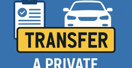 Flat illustration of a car, clipboard and yellow number plate with the word transfer, with the text how to transfer a private number plate.