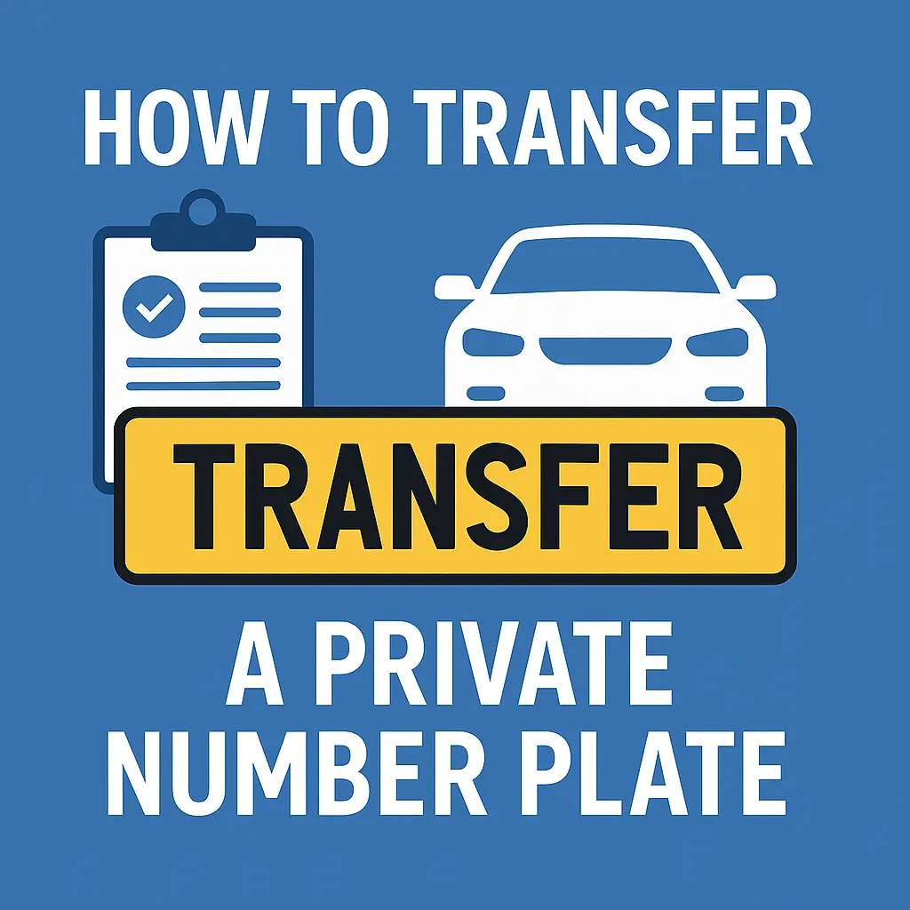 Flat illustration of a car, clipboard and yellow number plate with the word transfer, with the text how to transfer a private number plate.