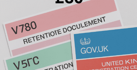 UK vehicle documents V750, V778, and V5C displayed with £80 fee and the caption “Transfer Number Plate.”
