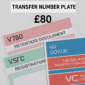 UK vehicle documents V750, V778, and V5C displayed with £80 fee and the caption “Transfer Number Plate.”