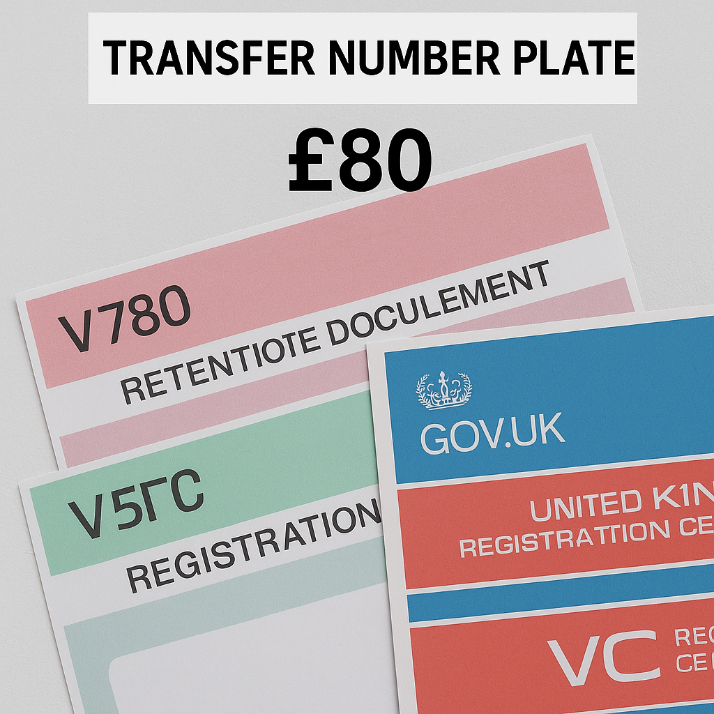 UK vehicle documents V750, V778, and V5C displayed with £80 fee and the caption “Transfer Number Plate.”
